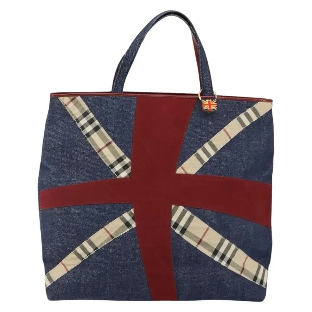 Burberry Denim Satchel with Red Cross and Beige Check Trim